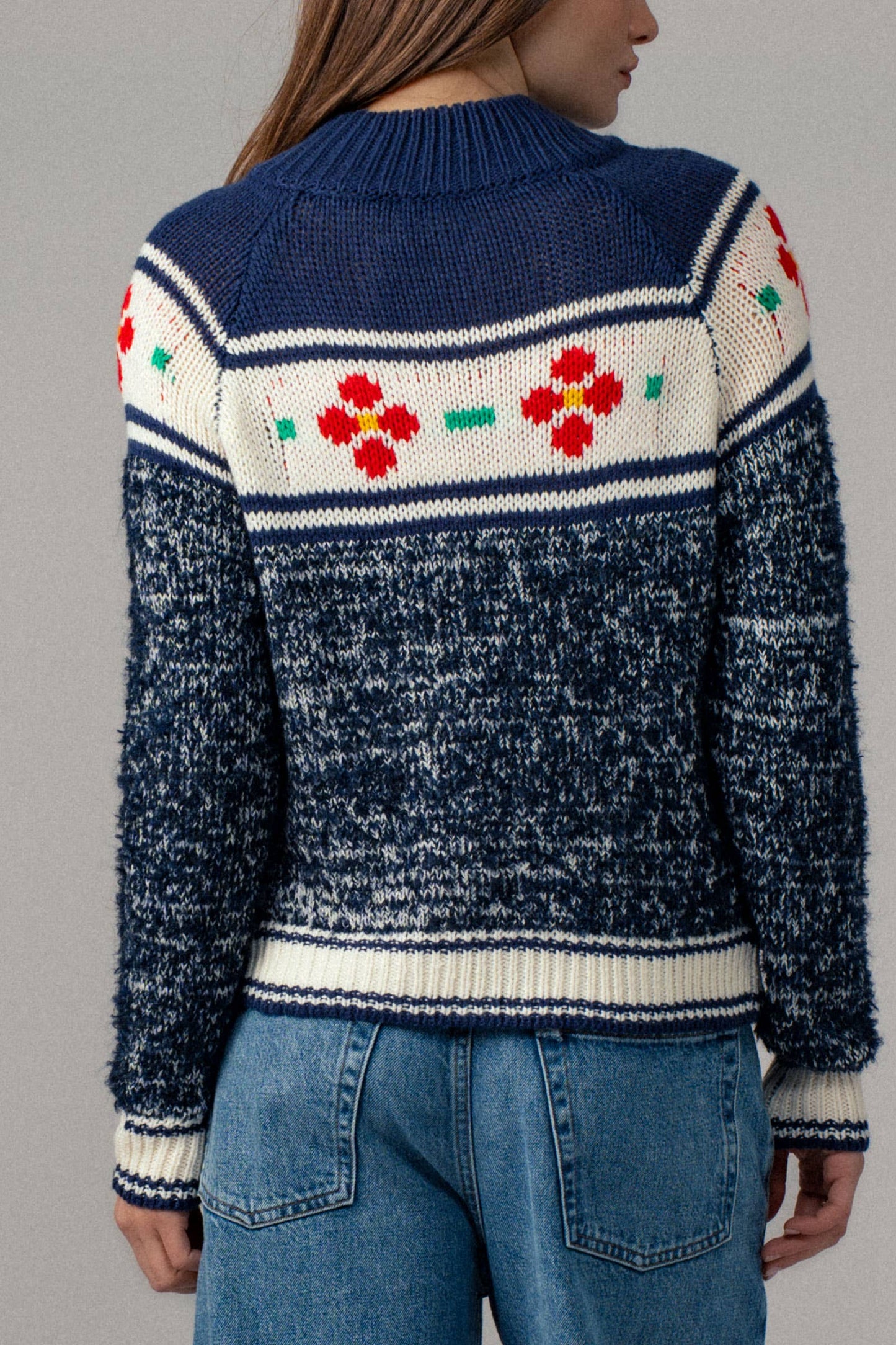 Urban Daizy Floral Yoke Zip-Up Knit Cardigan