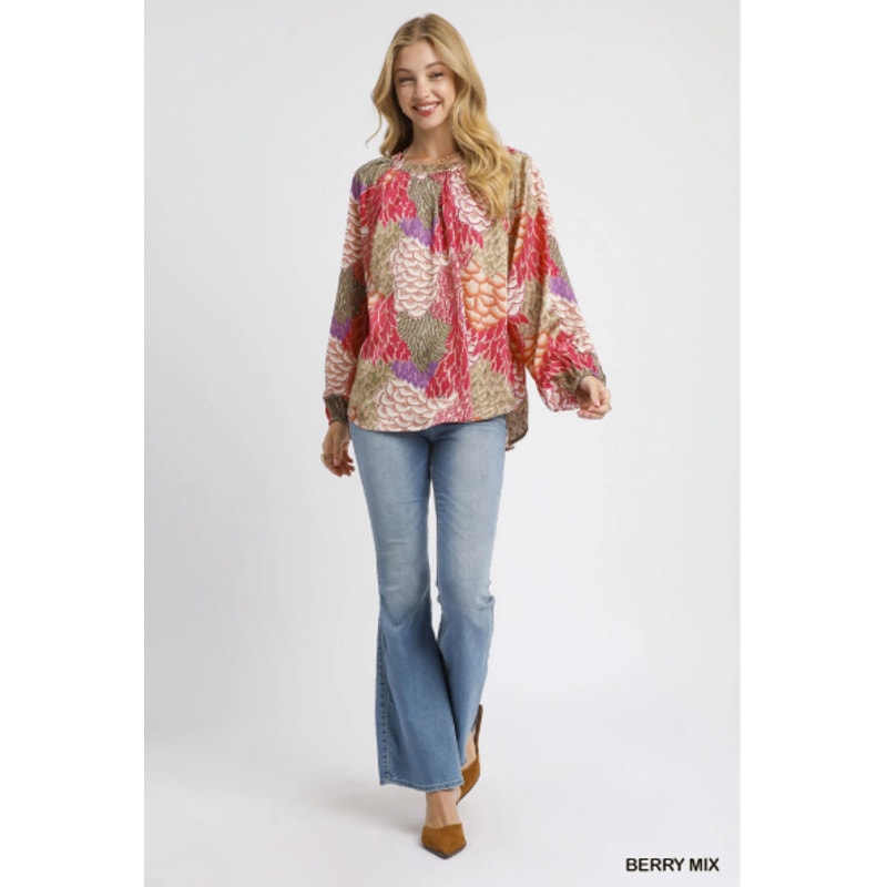 Umgee Boho Feather Print Peasant Blouse