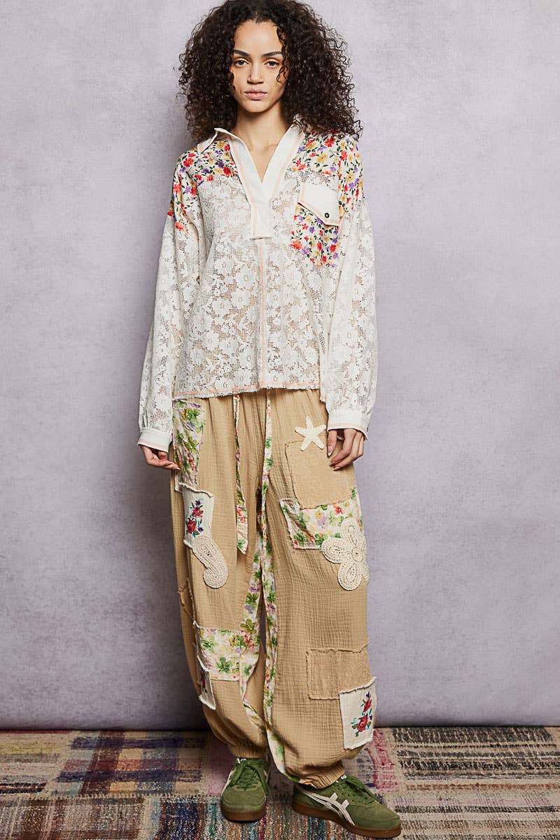 Pol Clothing - Casual V-Neck Long Sleeve Floral Patch Lace Shirt Top SALE