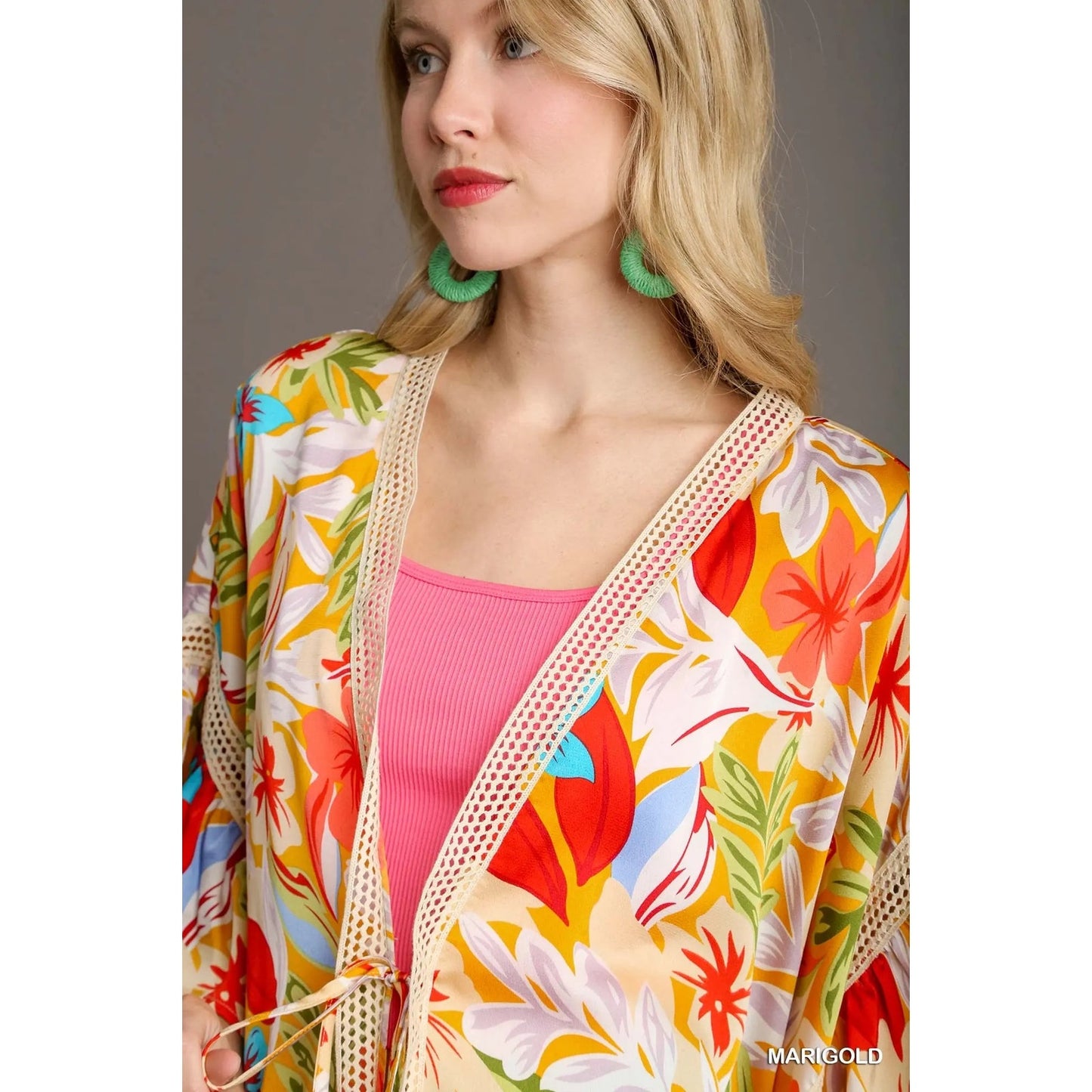 Umgee Satin Floral Print Kimono with Lace Trim, Front Tie, & 3/4 Bell Sleeves