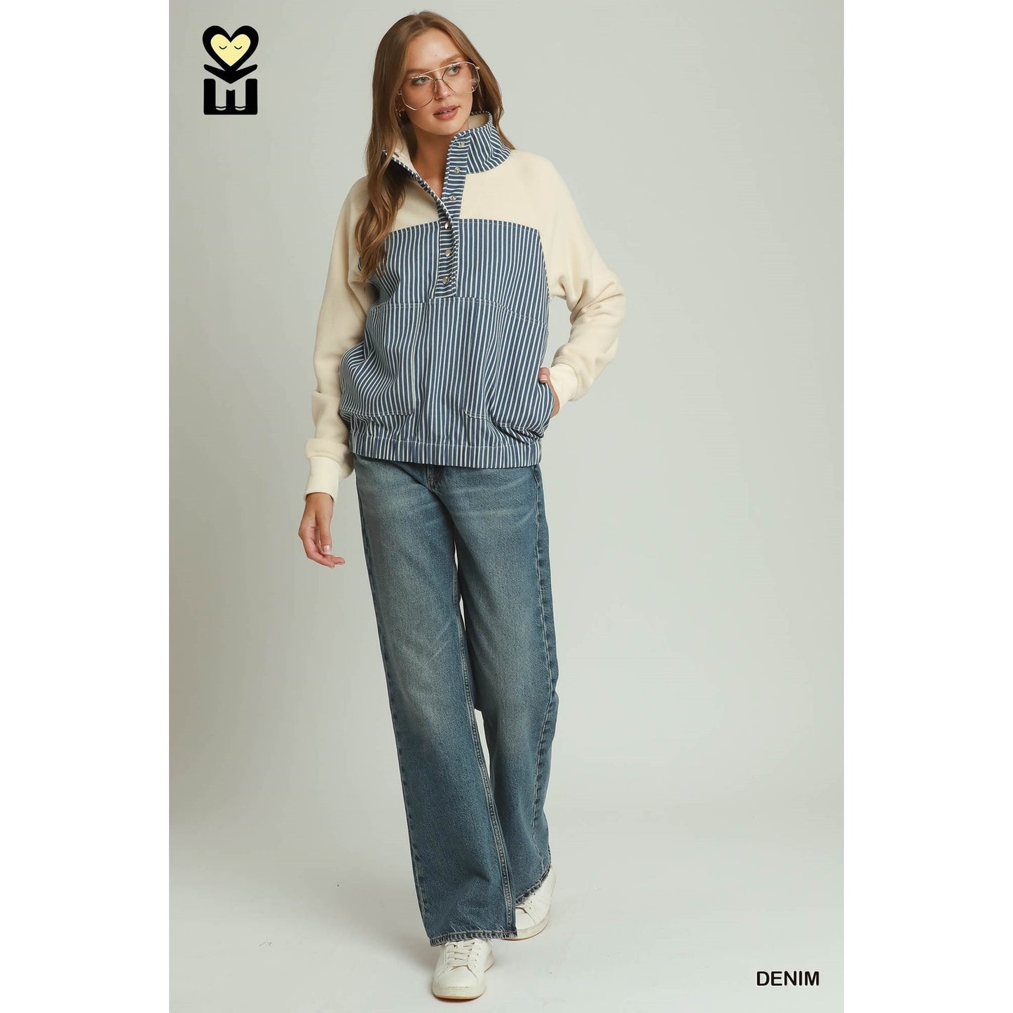 Umgee Solid & Denim Contrast Pullover