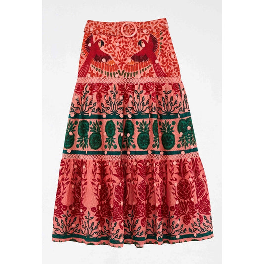 FARM RIO Ainika Print Macaws Cotton Maxi Skirt XS Pink Belted