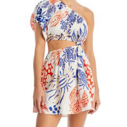 Farm Rio Blue and Orange Asymmetrical One Shoulder Lobster Dress