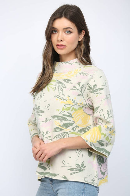 Fate Floral Pattern 3/4 Flared Sleeve Mock Neck Sweat