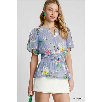 Umgee Blue Mix Floral Striped Peplum Blouse