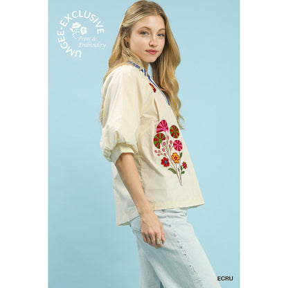 Umgee Ecru Embroidered Floral V-Neck Blouse