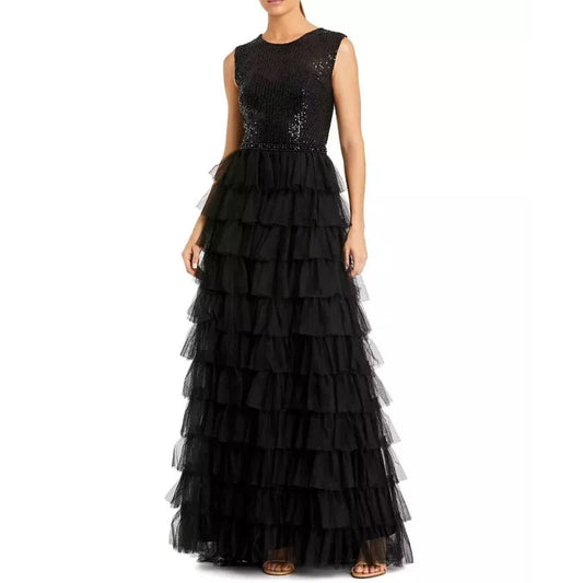Mac Duggal Ieena Black Sequin Tulle Ruffle Tiered Gown