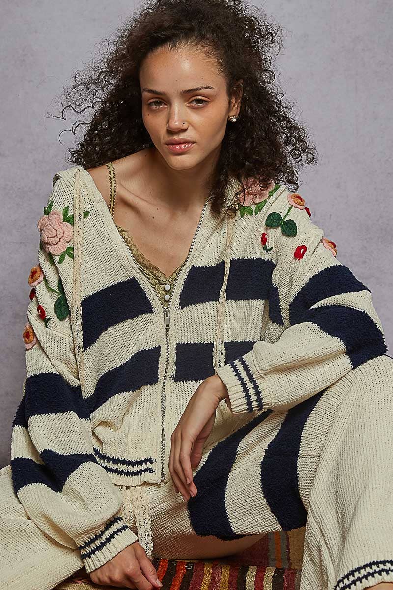 Pol Clothing Striped pattern 3D embroidered hoodie zip-up sweater top