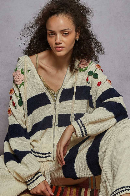 Pol Clothing Striped pattern 3D embroidered hoodie zip-up sweater top