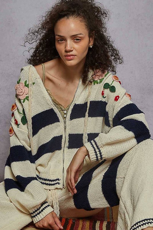 Pol Clothing Striped pattern 3D embroidered hoodie zip-up sweater top