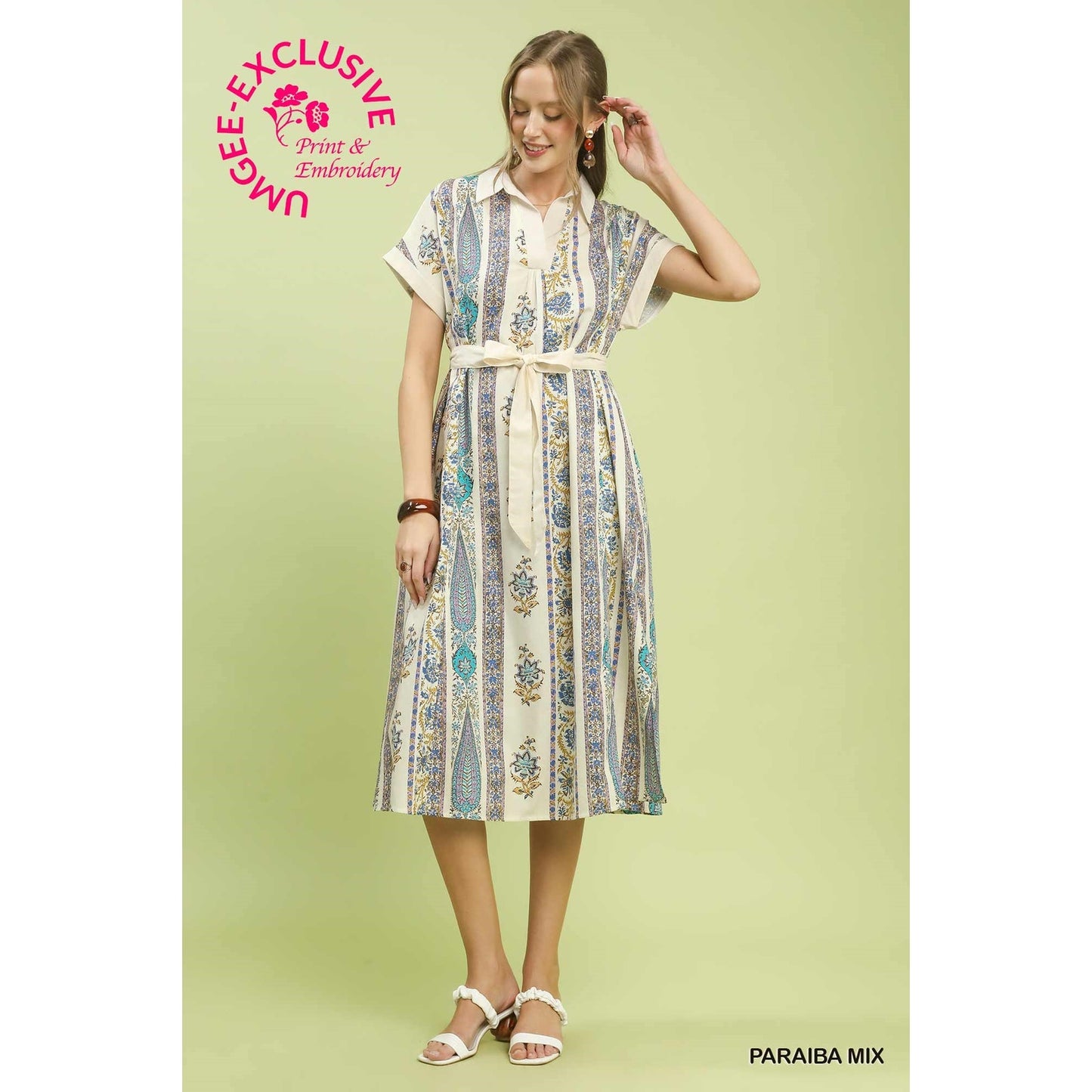 Umgee Vertical Print Tie Waist Midi Dress