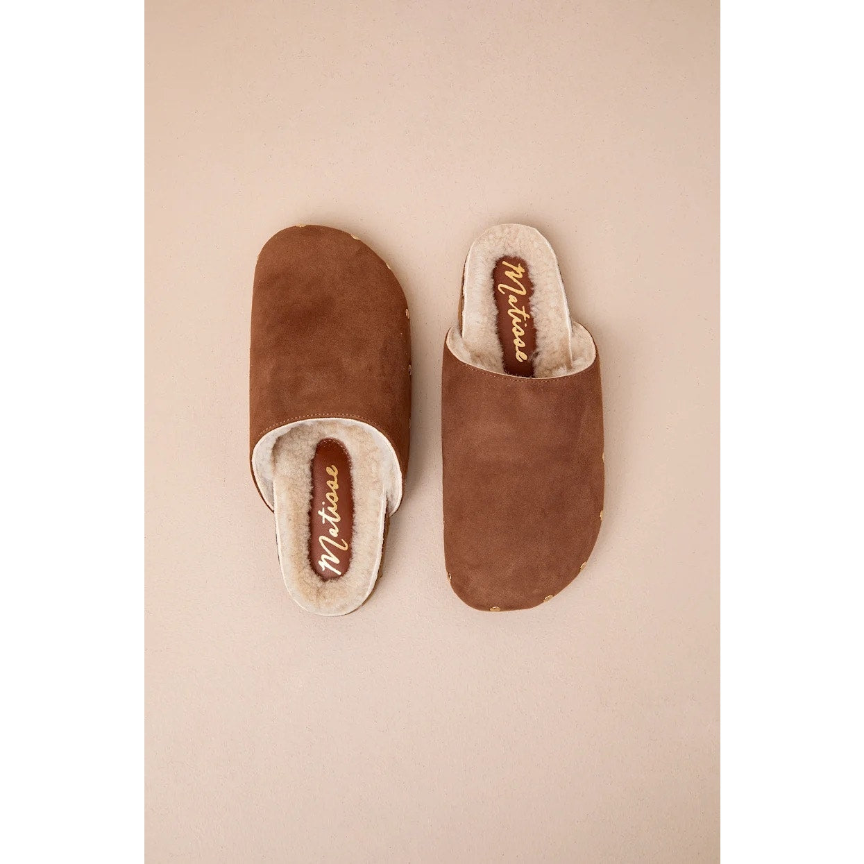 Matisse Upstate Tan Suede Leather Shearling Studded Mule Slides