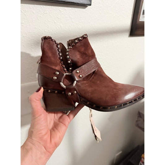 A.S.98 Distressed Brown Leather Studded Ankle Boots