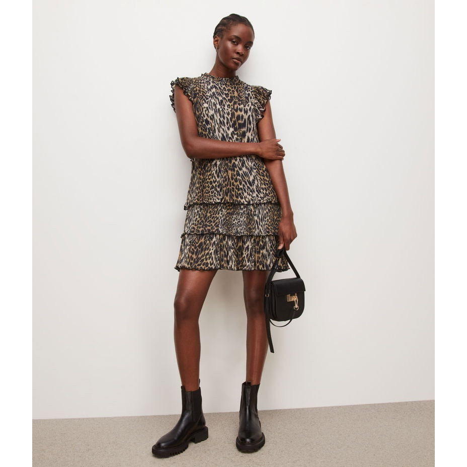 Allsaints Antheia Kiku Leopard-print Pleated Recycled-polyester Mini Dress