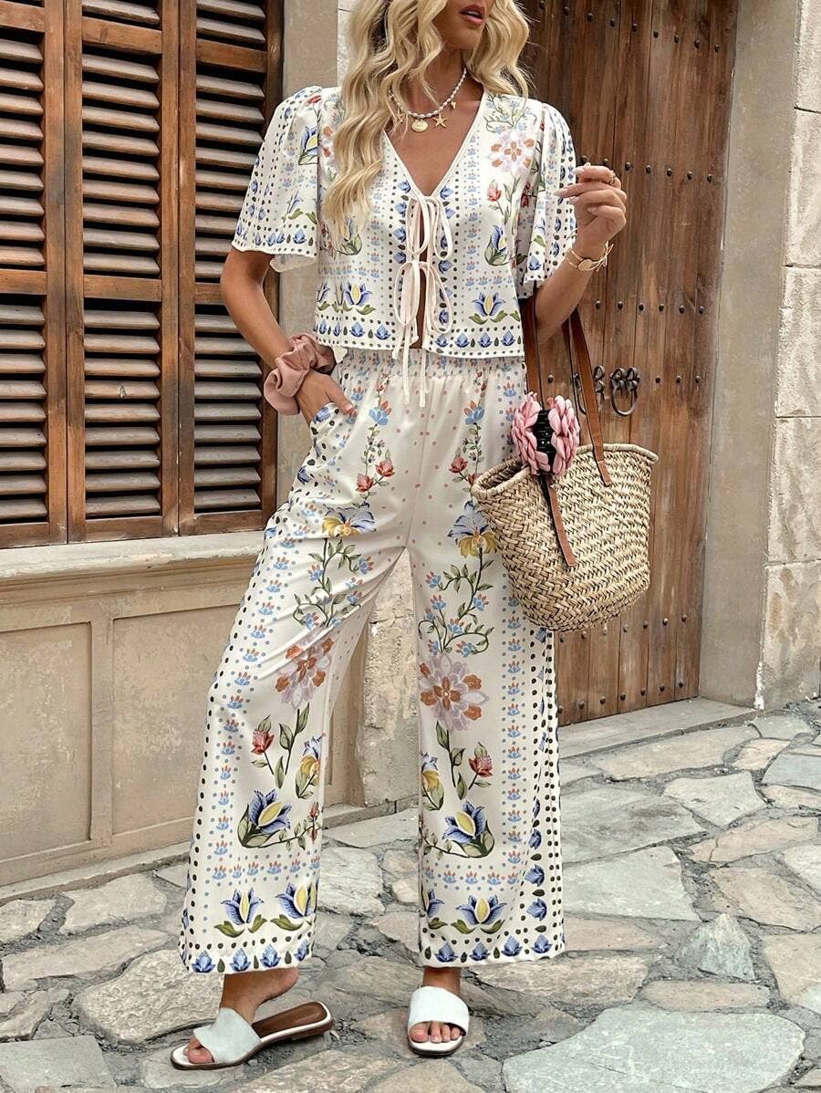Rosa Clothing - Vacation Tropical Floral Print Bow Tie Top & Pants Set