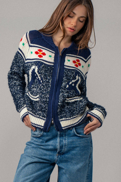 Urban Daizy Floral Yoke Zip-Up Knit Cardigan