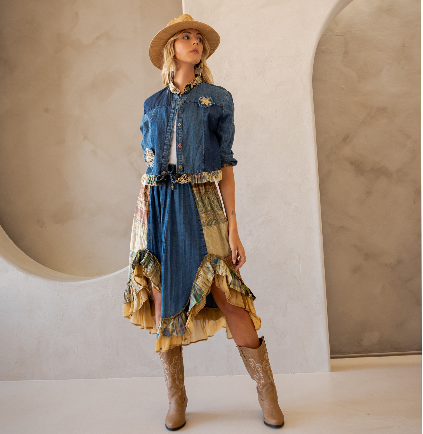 Young Threads Western Boho Chic: Patchwork Cropped Denim Jacket