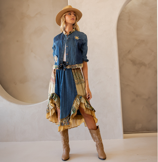 Young Threads Western Boho Chic: Patchwork Cropped Denim Jacket