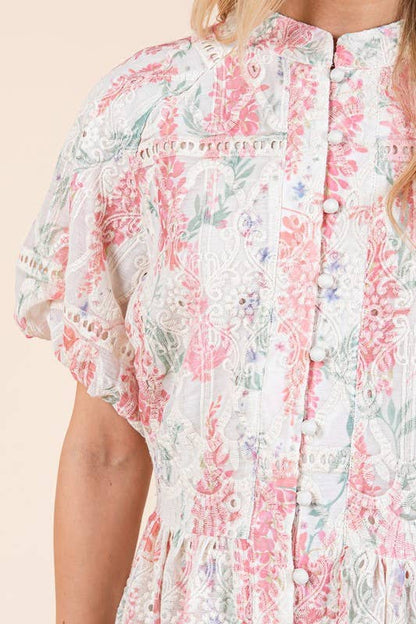 GeeGee x Lovelo Floral Eyelet Lace Mini Shirt Dress