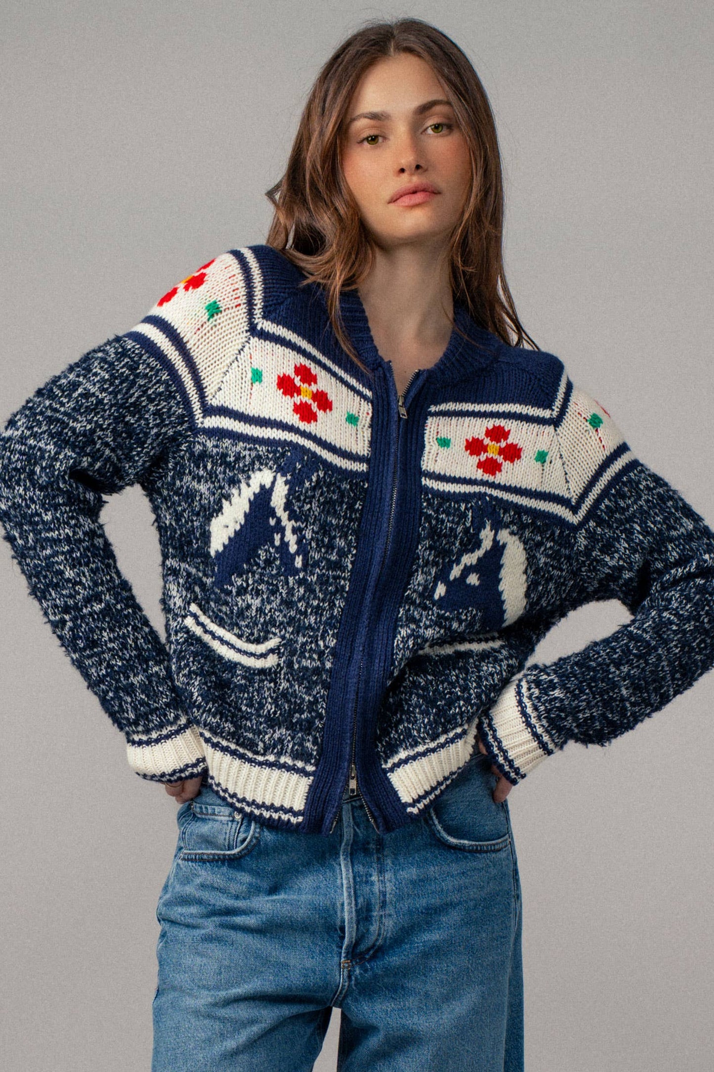 Urban Daizy Floral Yoke Zip-Up Knit Cardigan