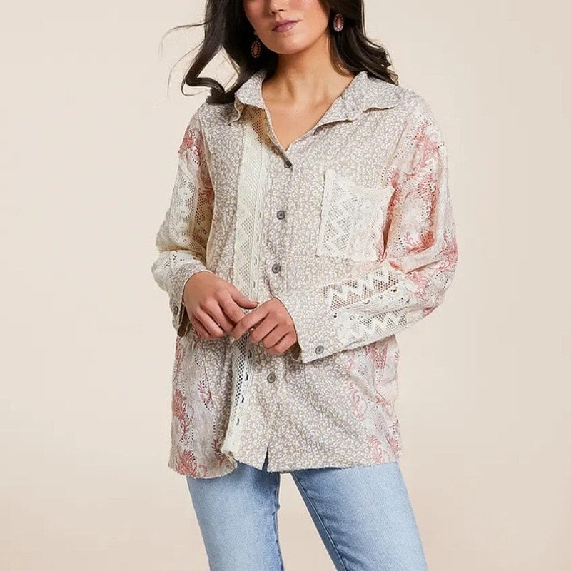 POL Clothing Floral Crochet Oversized Blouse