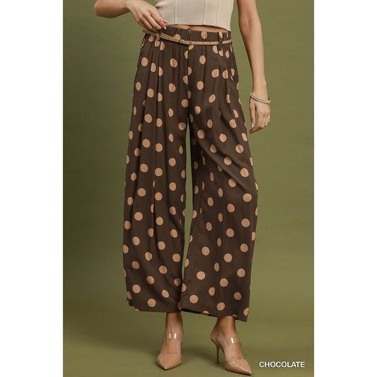 Umgee Chocolate Polka Dot Wide Leg Pull-On Pants
