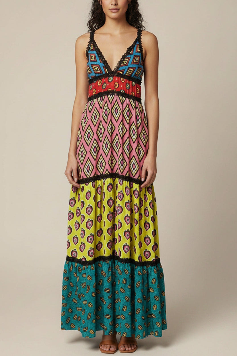 Alice + Olivia x Carla Kranendonk Multicolour Printed Crepe Paneled Maxi Dress