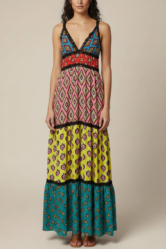 Alice + Olivia x Carla Kranendonk Multicolour Printed Crepe Paneled Maxi Dress