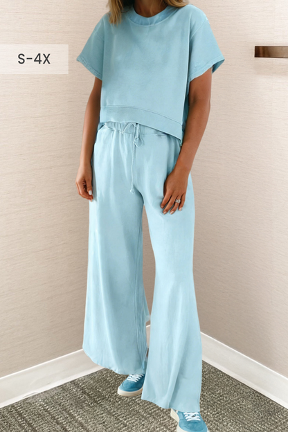 Cozy Tee and Wide Leg Pants 2pcs Set - Blue or Pink