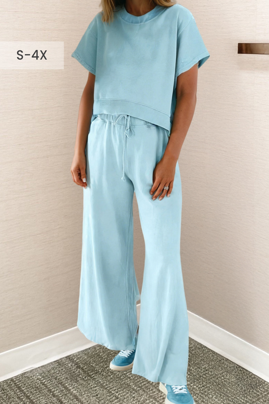 Cozy Tee and Wide Leg Pants 2pcs Set - Blue or Pink