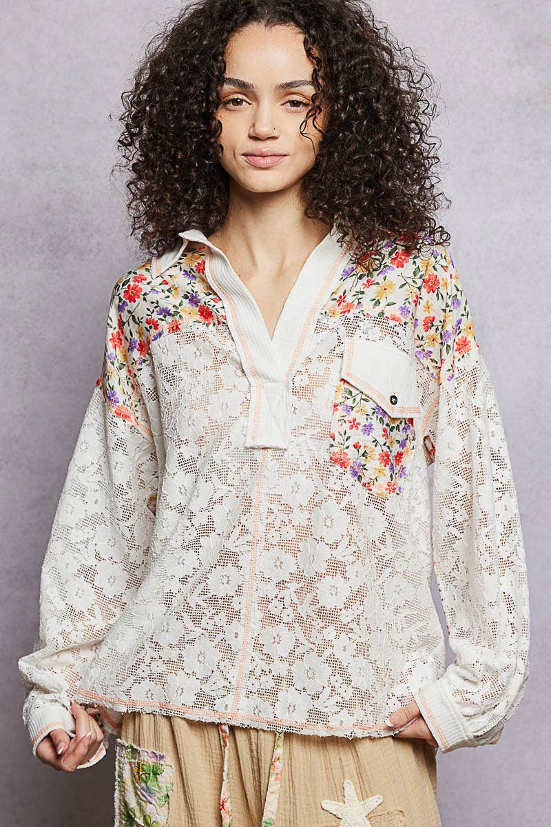Pol Clothing - Casual V-Neck Long Sleeve Floral Patch Lace Shirt Top SALE