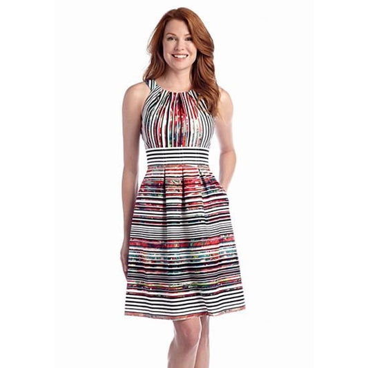 Nine West Tangerine Tango Combo Stripe Slvless High Neck Pleated Fit Flare Dress