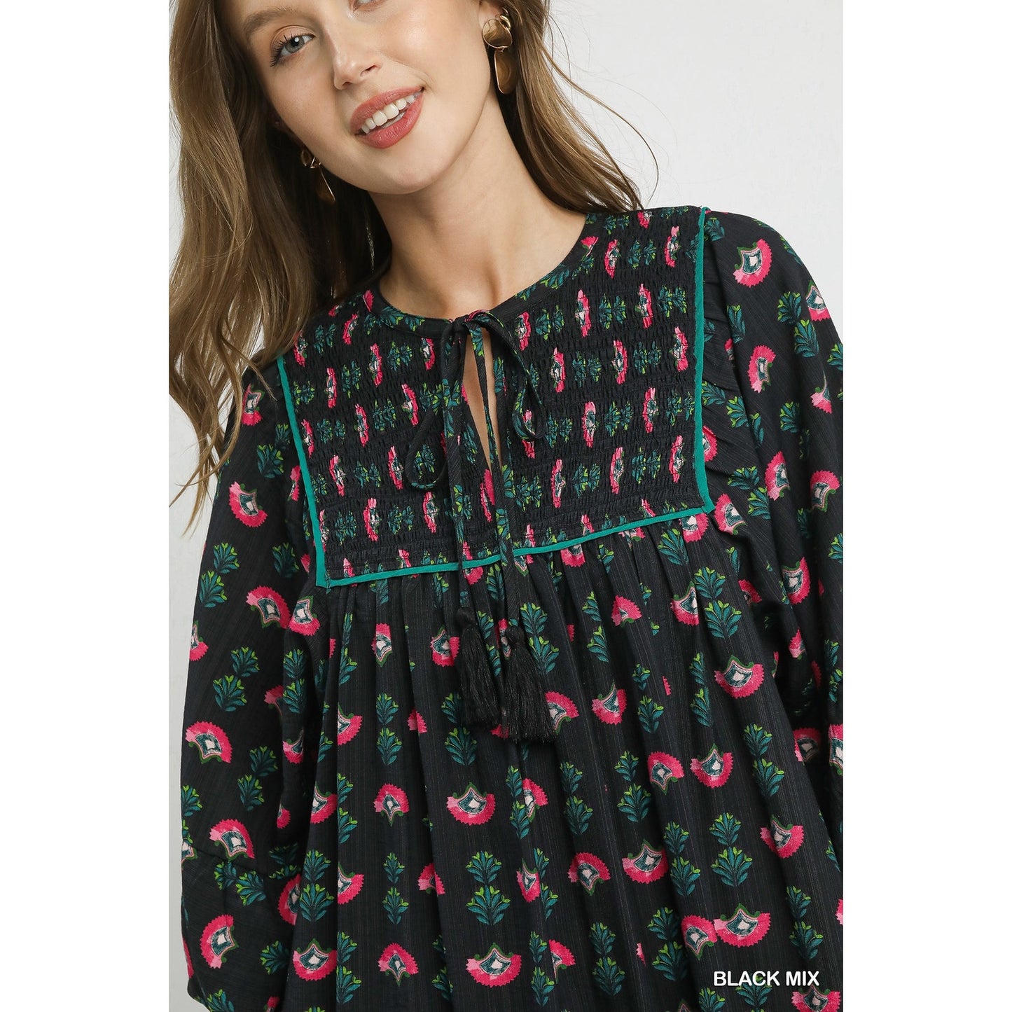 Umgee Floral Boho Mini Dress with Pink Accents