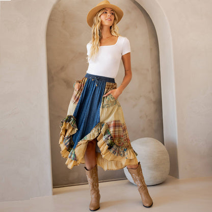 Young Threads Western Boho Chic: Patchwork Midi Skirt