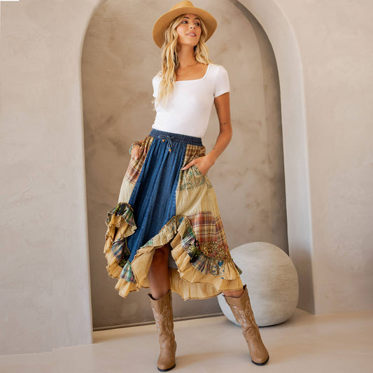 Young Threads Western Boho Chic: Patchwork Midi Skirt