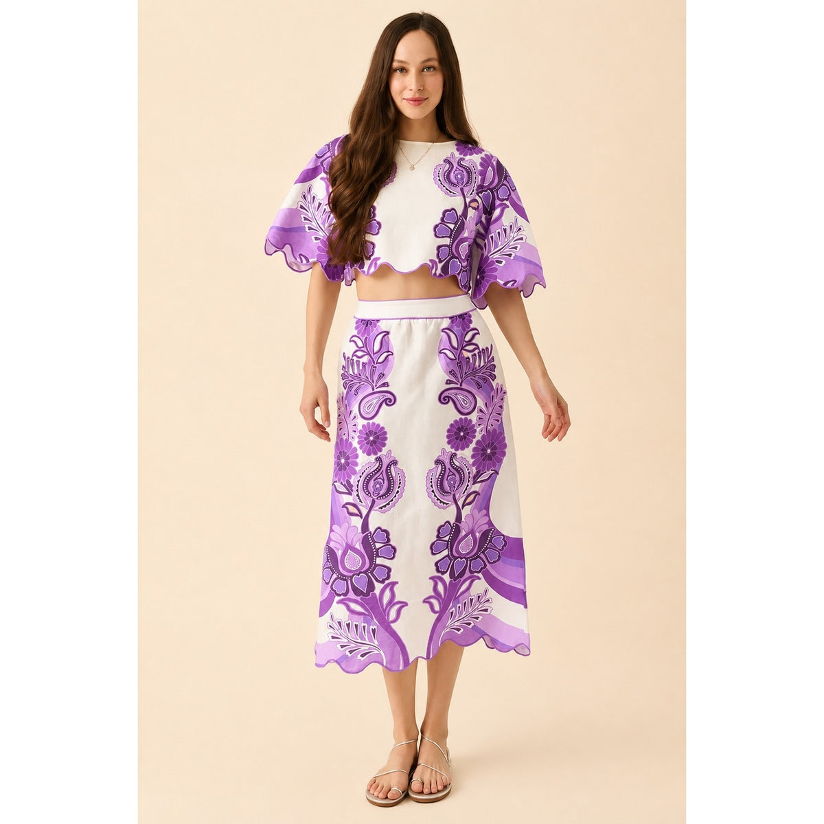 Farm Rio Color Festival Cream Euroflax Crop Blouse AND Midi Skirt Set NWT Large