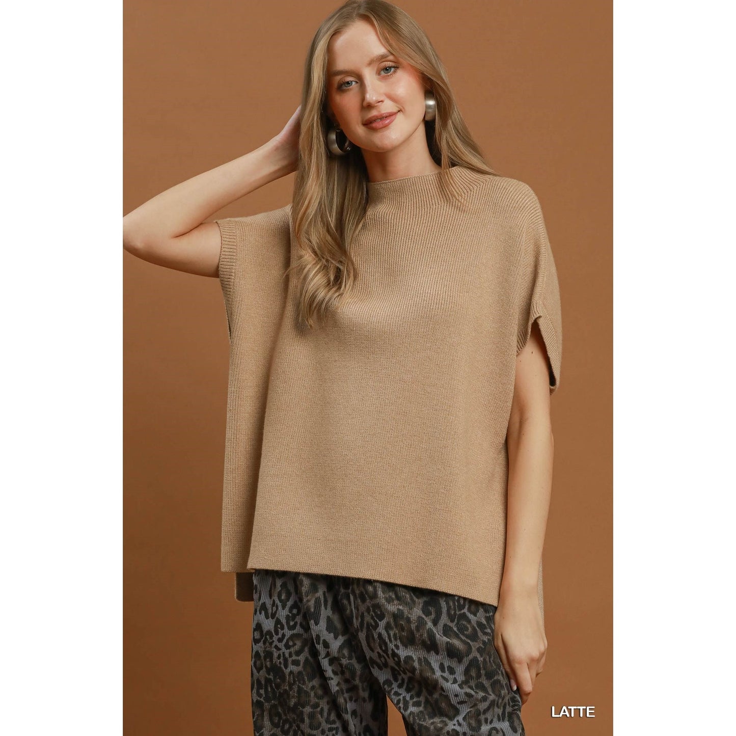 Umgee Latte Mock Neck Short Sleeve Sweater Top