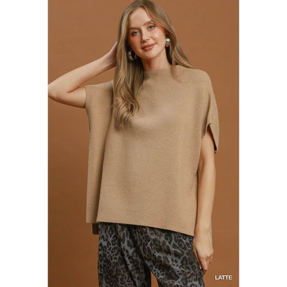 Umgee Latte Mock Neck Short Sleeve Sweater Top