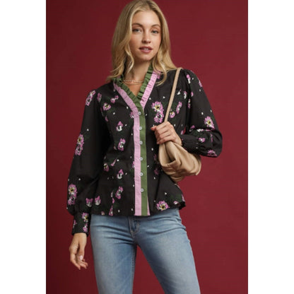 Umgee Abstract Floral Bunch Print Ruffle Blouse