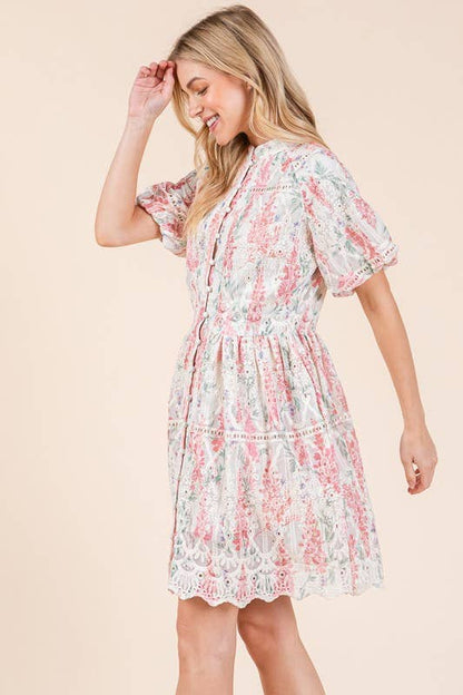 GeeGee x Lovelo Floral Eyelet Lace Mini Shirt Dress
