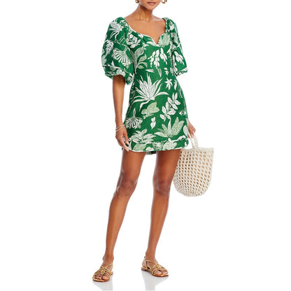 Farm Rio Forest Green & White Soul Linen Mini Dress