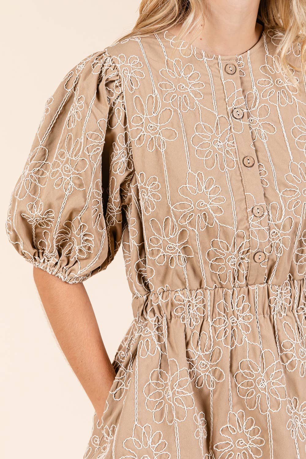 GeeGee x Lovelo Floral Embroidered Half Button-Up Mini Dress