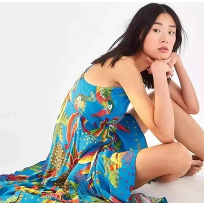 FARM RIO Women Blue Banana Sleeveless Wrap Asymptomatic Tropical Dress