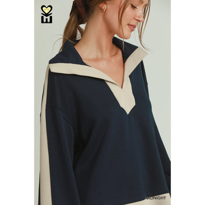 Umgee Midnight Blue LUXEKNIT Contrast Collar Top
