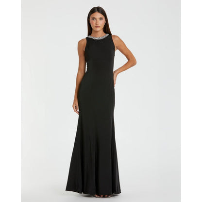 Mac Duggal Black Rhinestone Beaded Collar Column Gown