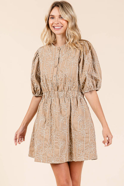 GeeGee x Lovelo Floral Embroidered Half Button-Up Mini Dress