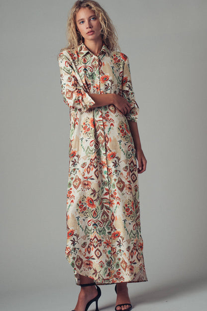 Urban Daizy Boho Floral Button-Down Midi Dress