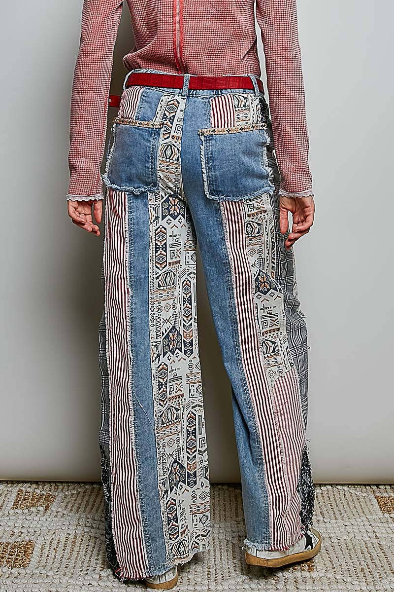 Pol Clothing Patchwork relaxed woven denim pant