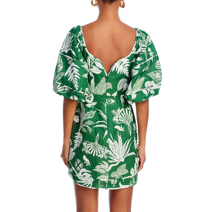 Farm Rio Forest Green & White Soul Linen Mini Dress