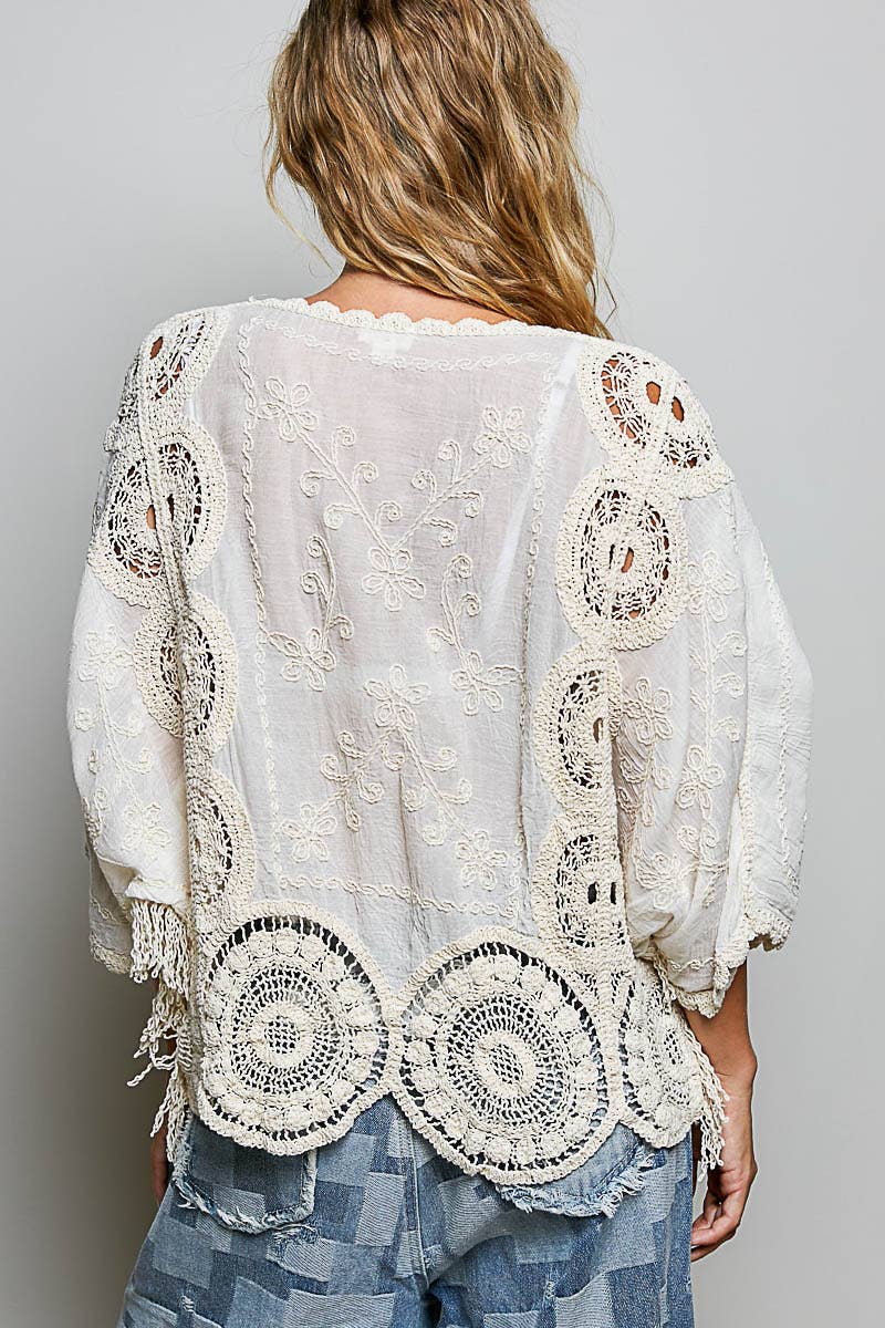 Pol Clothing - Round neck short sleeve floral embroidery top